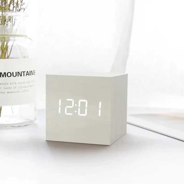 Black LED Cube Alarm Clock With Wood Finish, Temperature, Snooze, Sound Activation