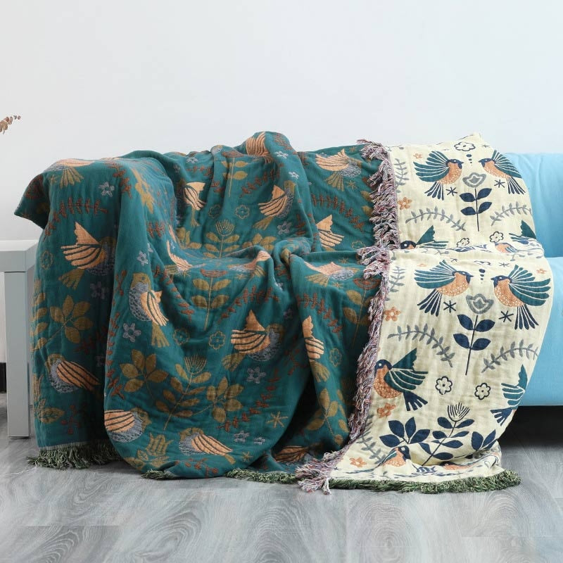 Reversible Cotton Throw Blanket | Scandinavian Bird Design | Ka-mostore