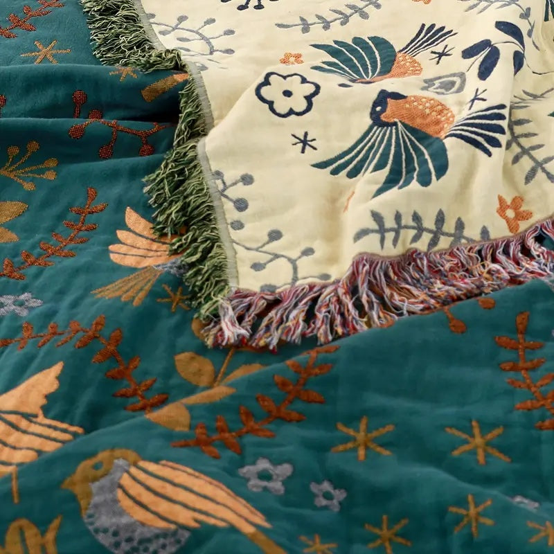 Reversible Cotton Throw Blanket | Scandinavian Bird Design | Ka-mostore