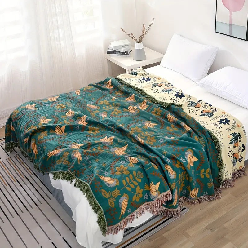 Reversible Cotton Throw Blanket | Scandinavian Bird Design | Ka-mostore