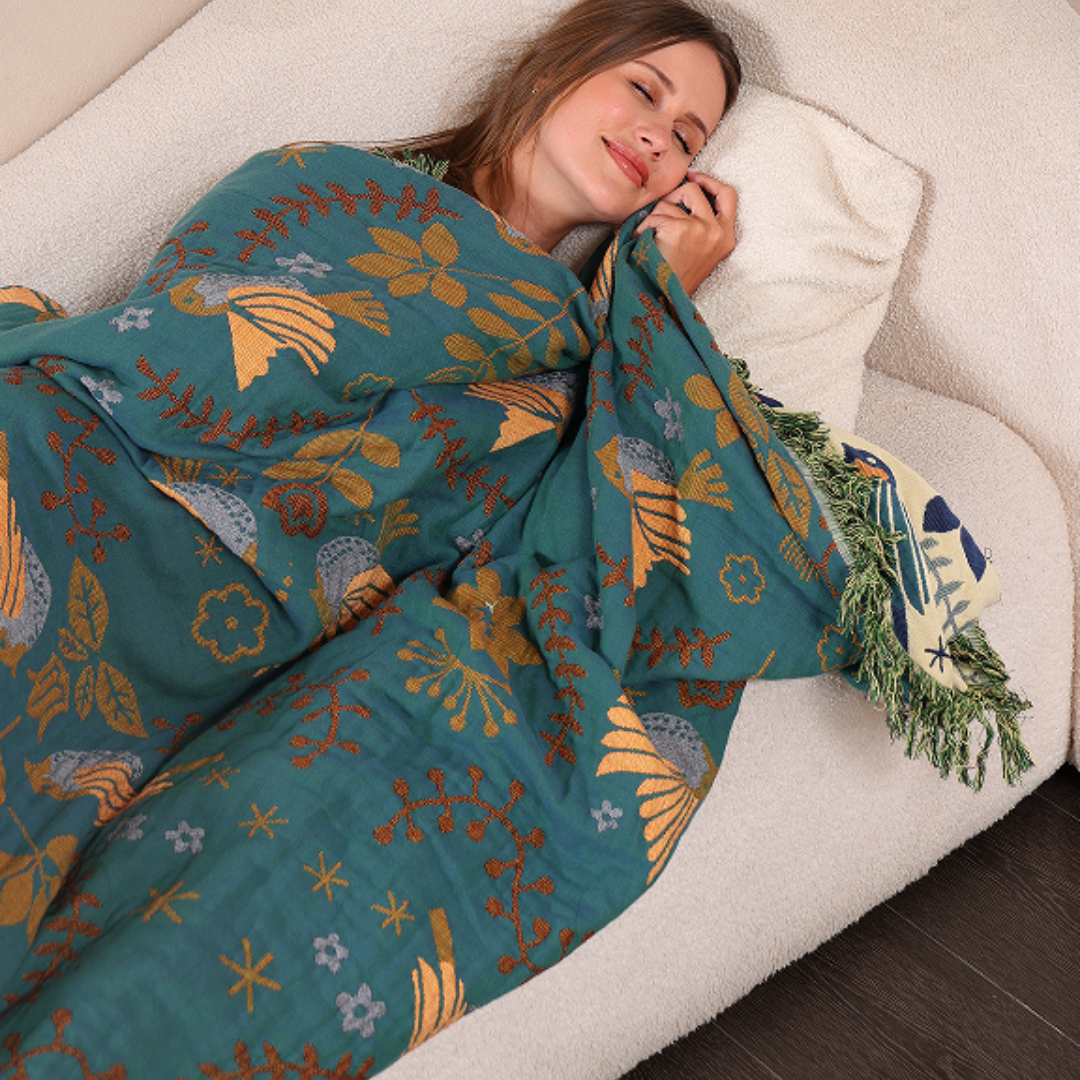 Reversible Cotton Throw Blanket | Scandinavian Bird Design | Ka-mostore
