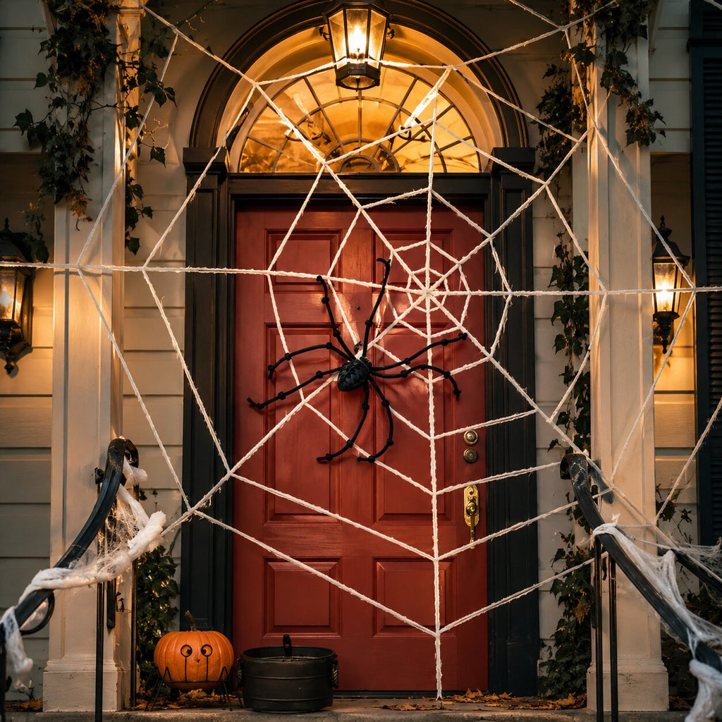 Gigantisk edderkoppnettdekorasjon til Halloween — geometrisk nett til dører, vegger og vinduer