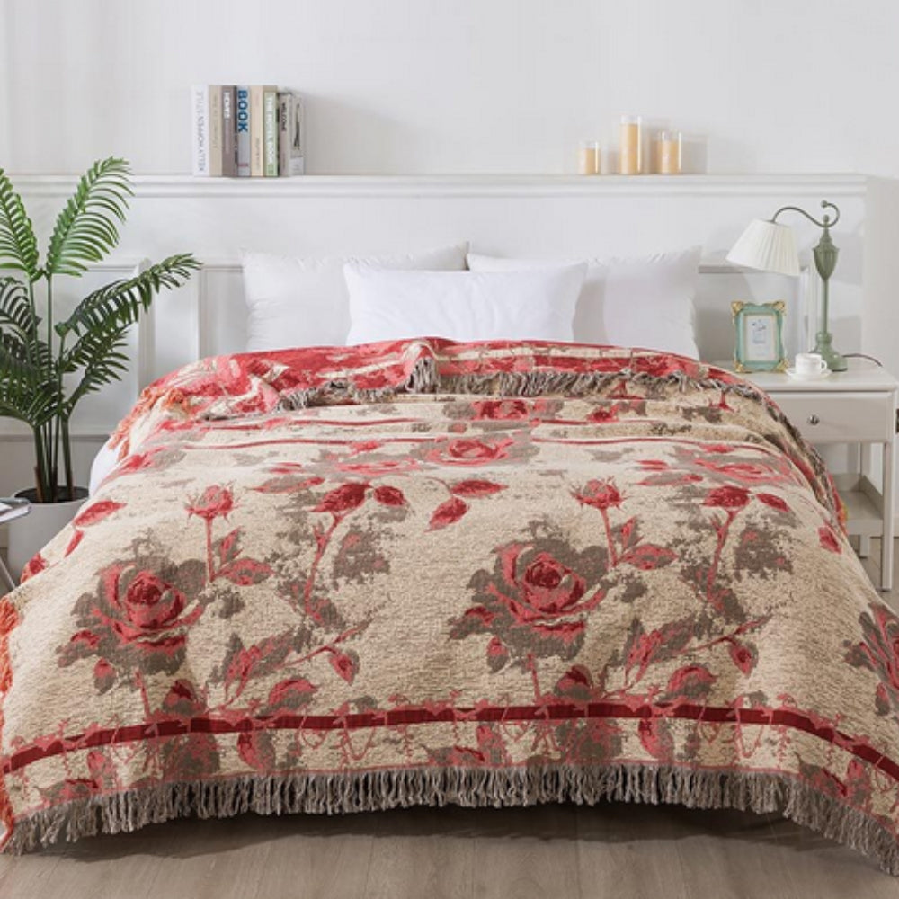 Rosewood Floral Jacquard Cotton Throw Blanket | Ka-mostore