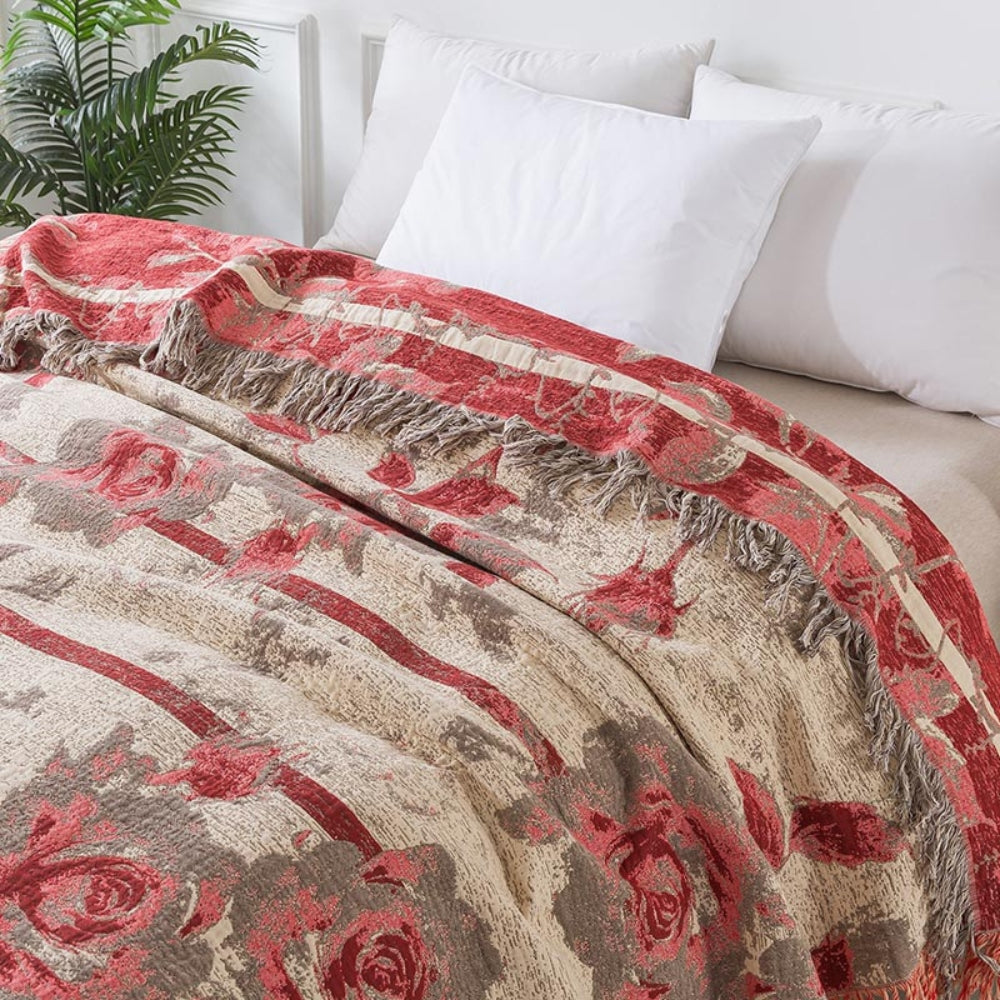 Rosewood Floral Jacquard Cotton Throw Blanket | Ka-mostore