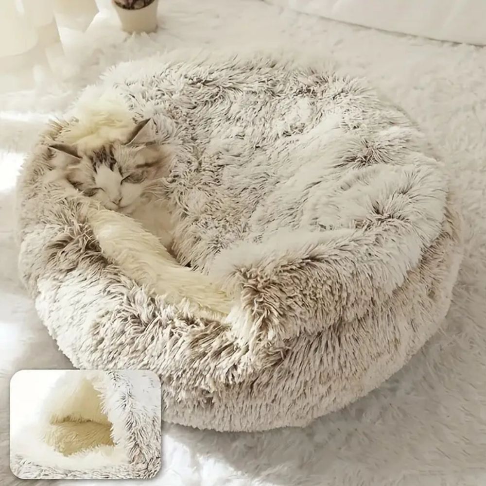 Plush Hooded Round Faux Fur Pet Cozy Bed | Ka-mostore