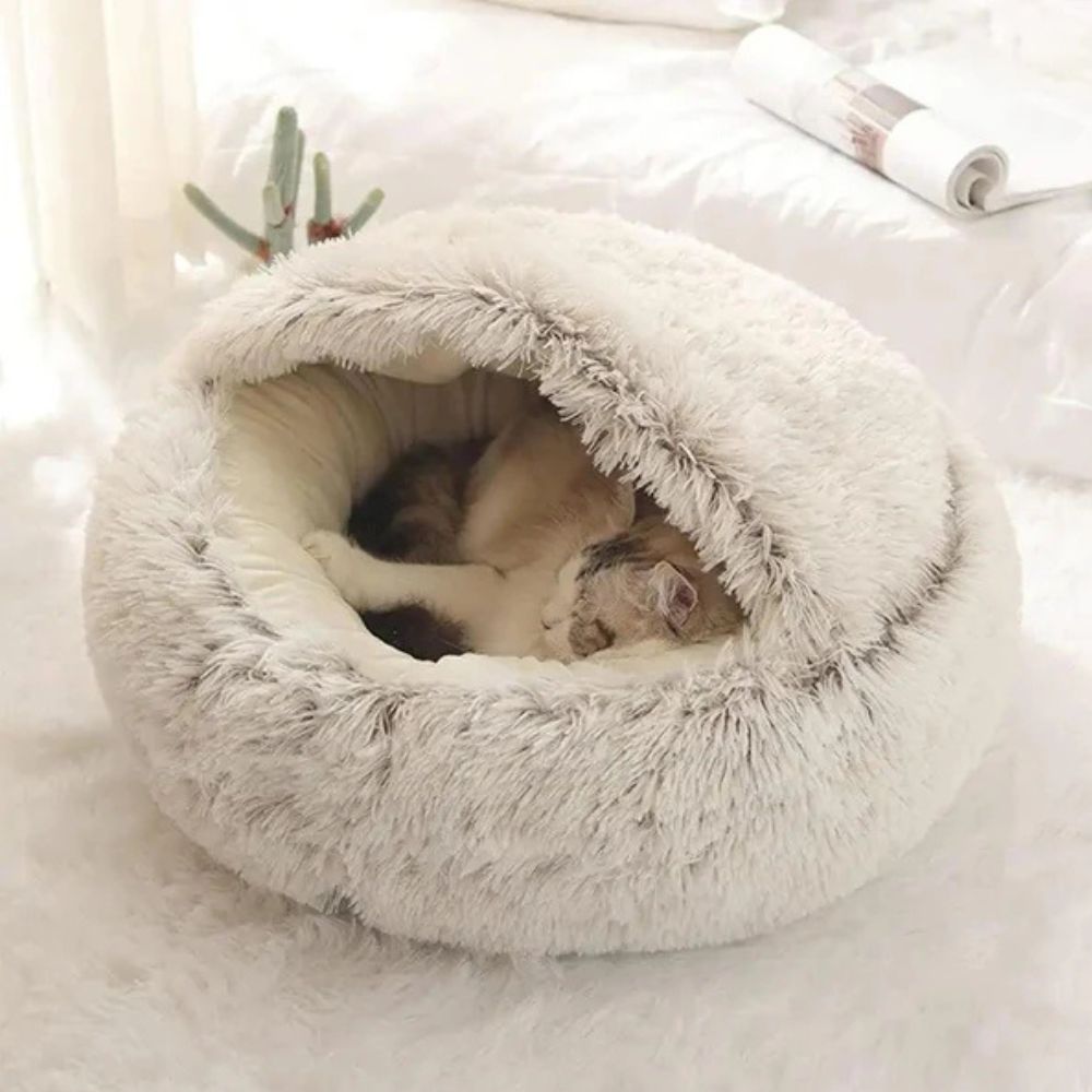 Plush Hooded Round Faux Fur Pet Cozy Bed | Ka-mostore