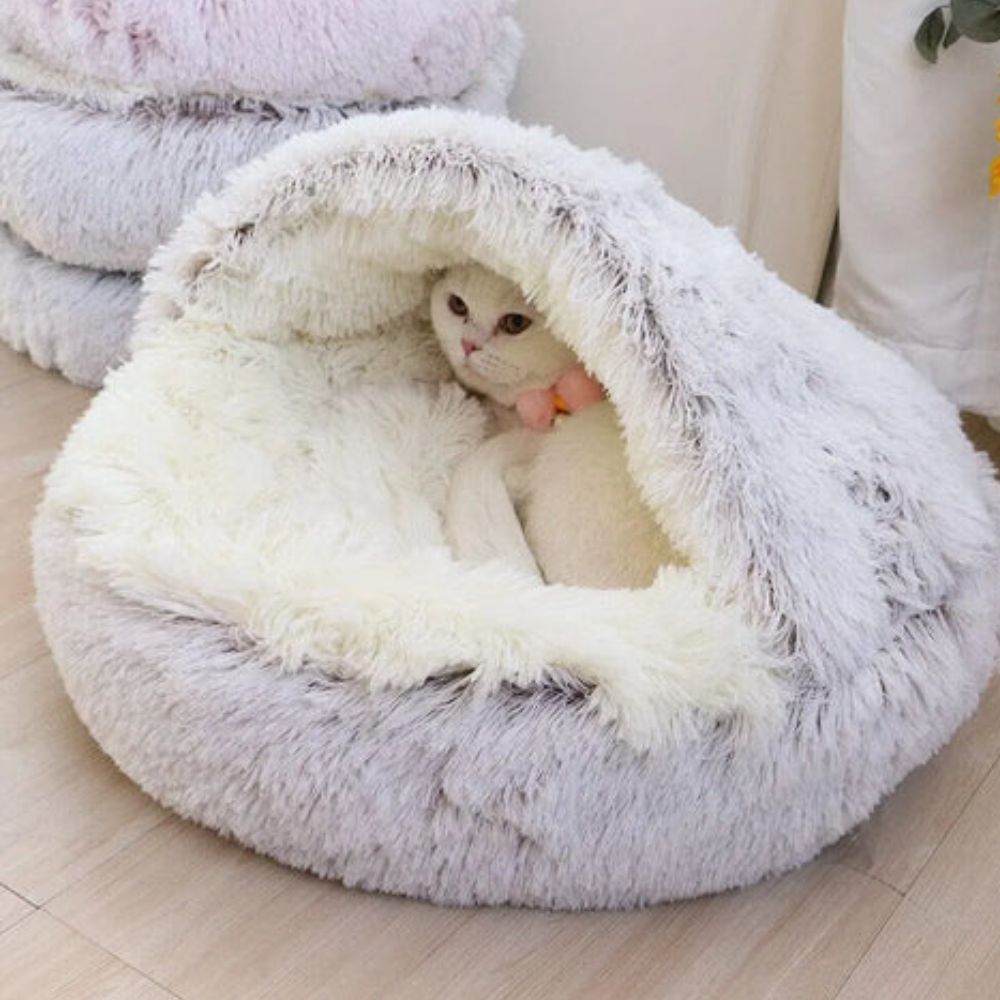 Plush Hooded Round Faux Fur Pet Cozy Bed | Ka-mostore