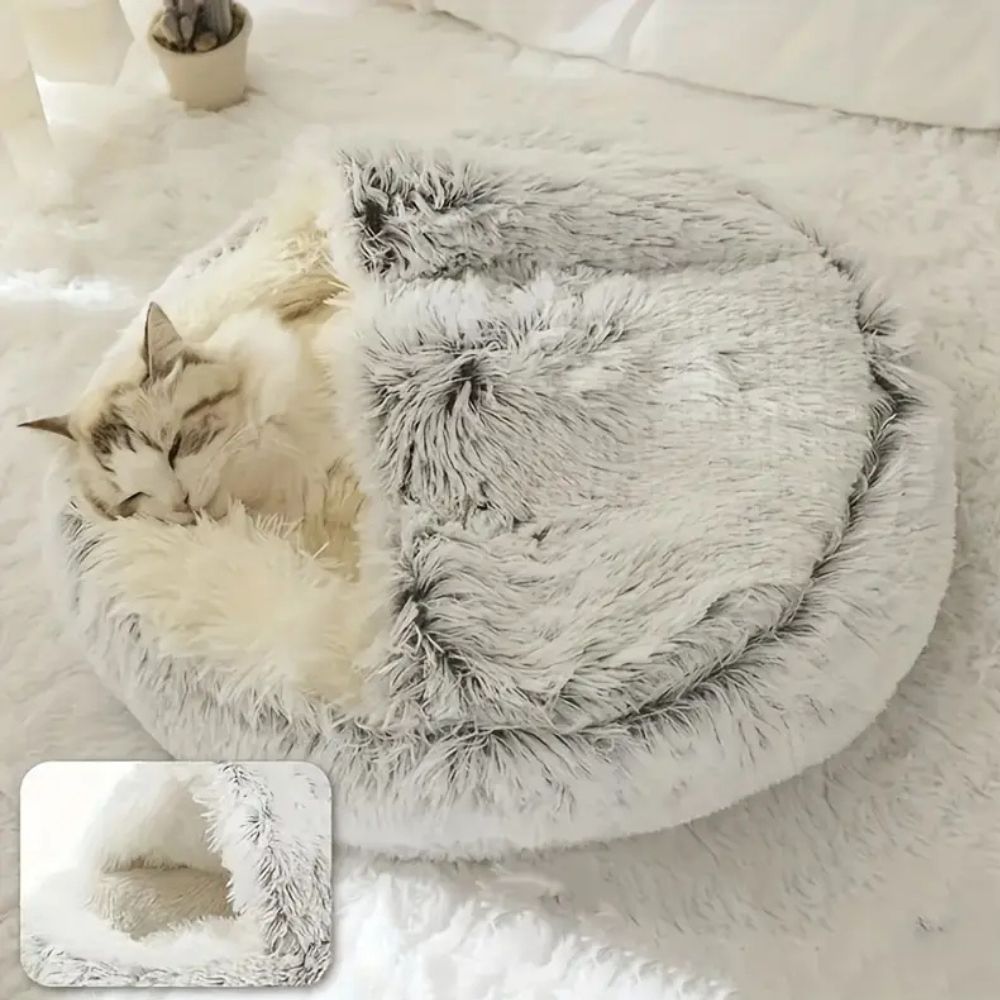 Plush Hooded Round Faux Fur Pet Cozy Bed | Ka-mostore