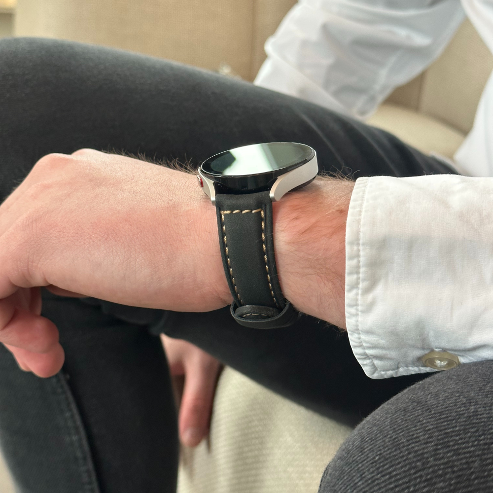 Svart läderersättningsarmband för Samsung Galaxy Watch 3 45 mm
