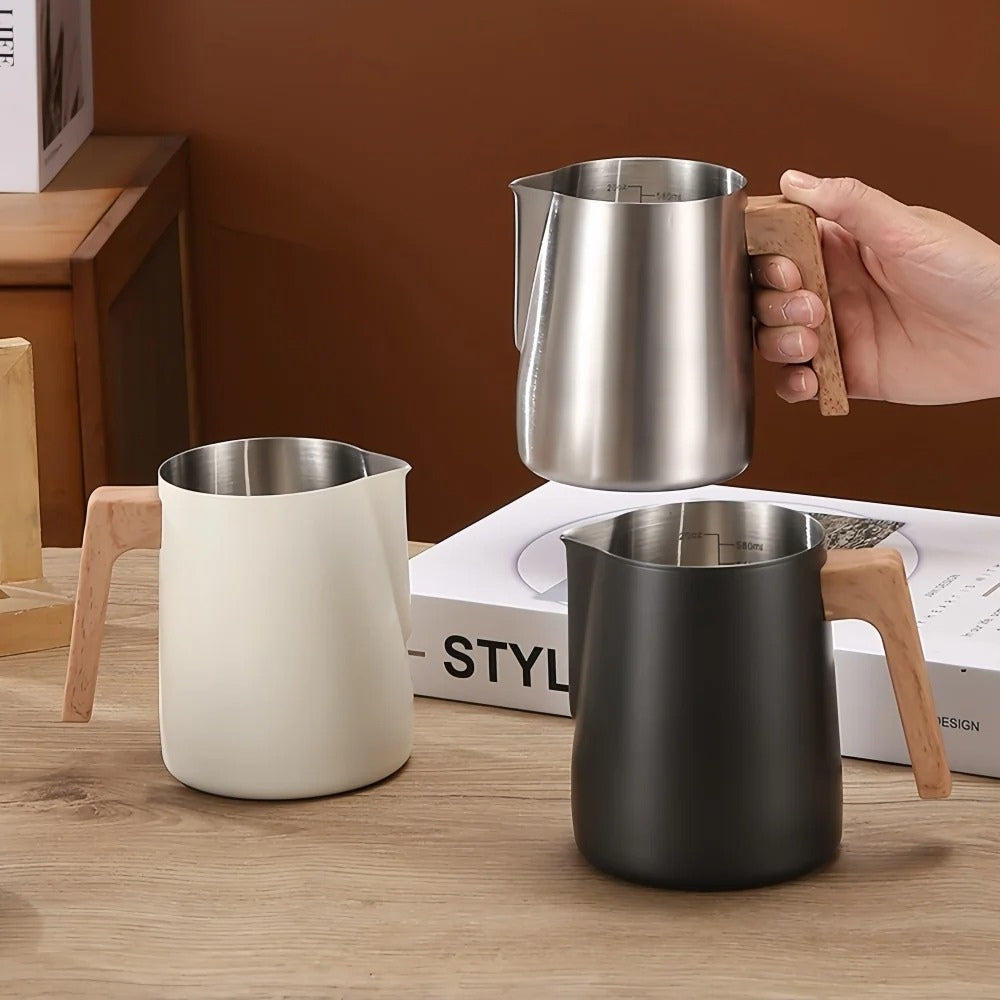 Scandinavian Wood Handle Stainless Milk Pitcher | Ka-mostore