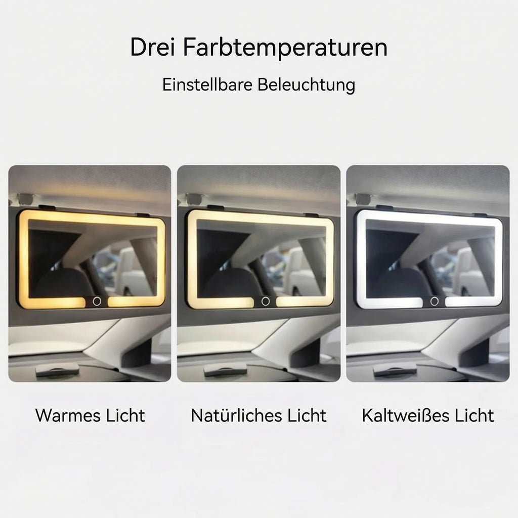 GlowVisor Autospiegel zum Schminken mit Licht — 3 Lichtfarben, klares Glas
