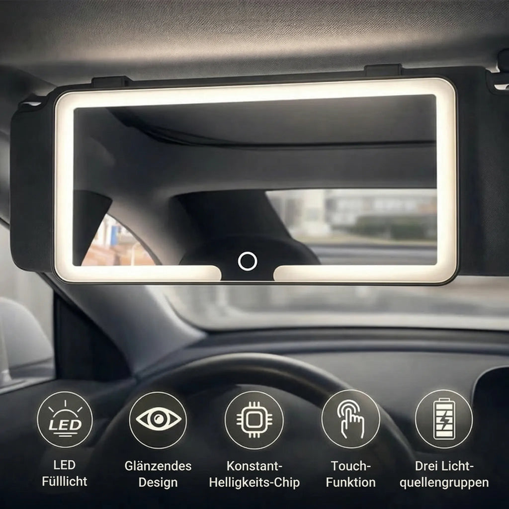 GlowVisor Autospiegel zum Schminken mit Licht — 3 Lichtfarben, klares Glas