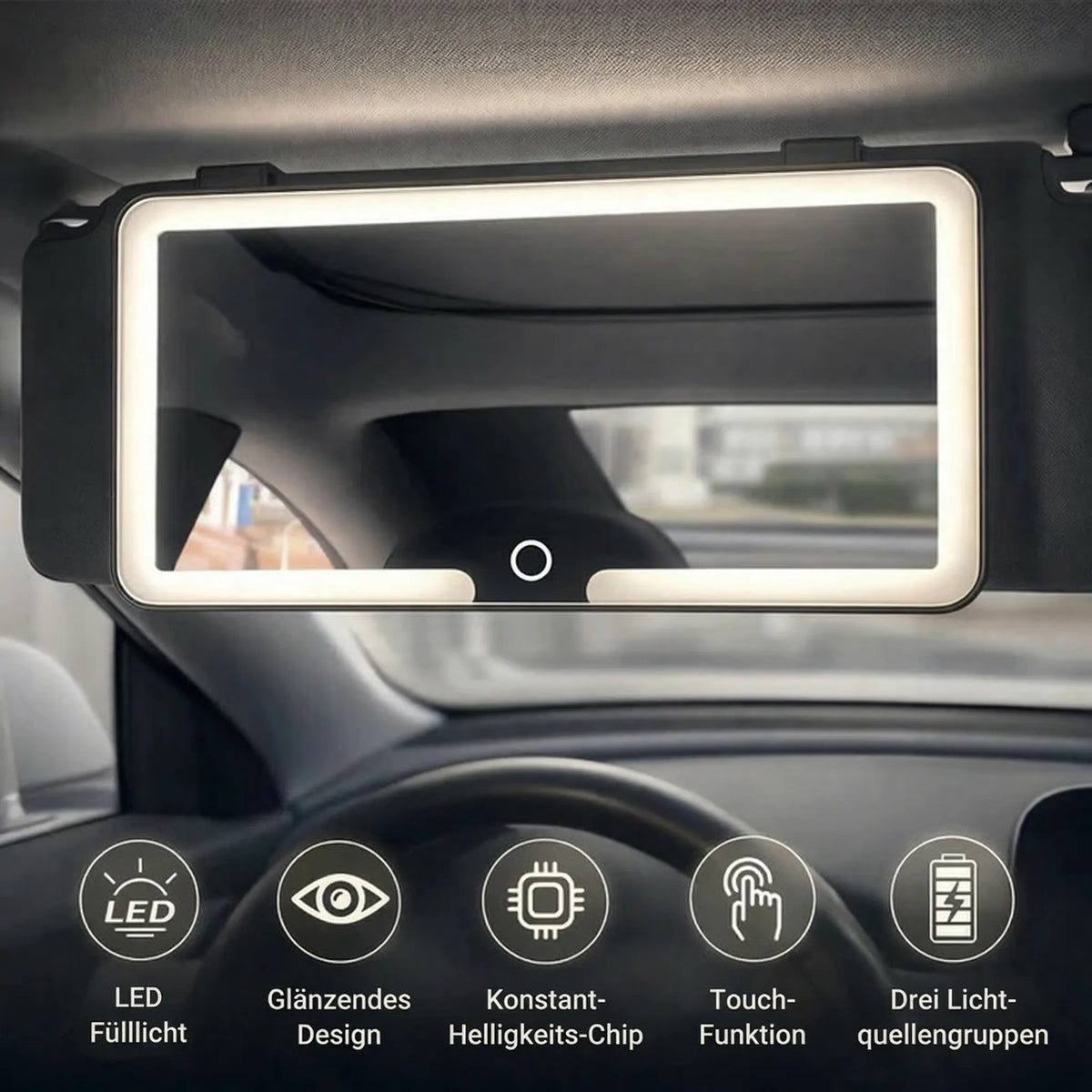 GlowVisor Autospiegel zum Schminken mit Licht — 3 Lichtfarben, klares Glas