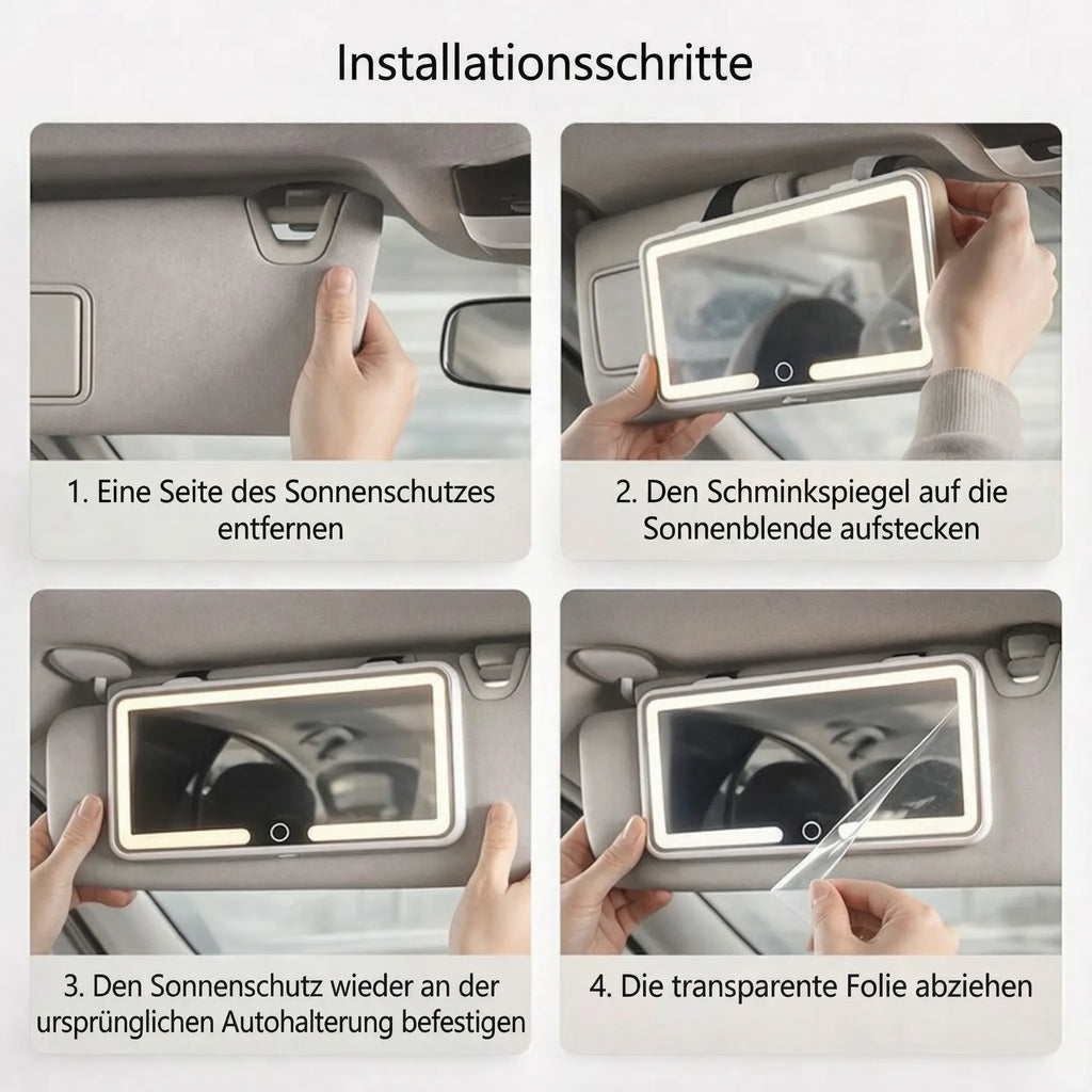 GlowVisor Autospiegel zum Schminken mit Licht — 3 Lichtfarben, klares Glas