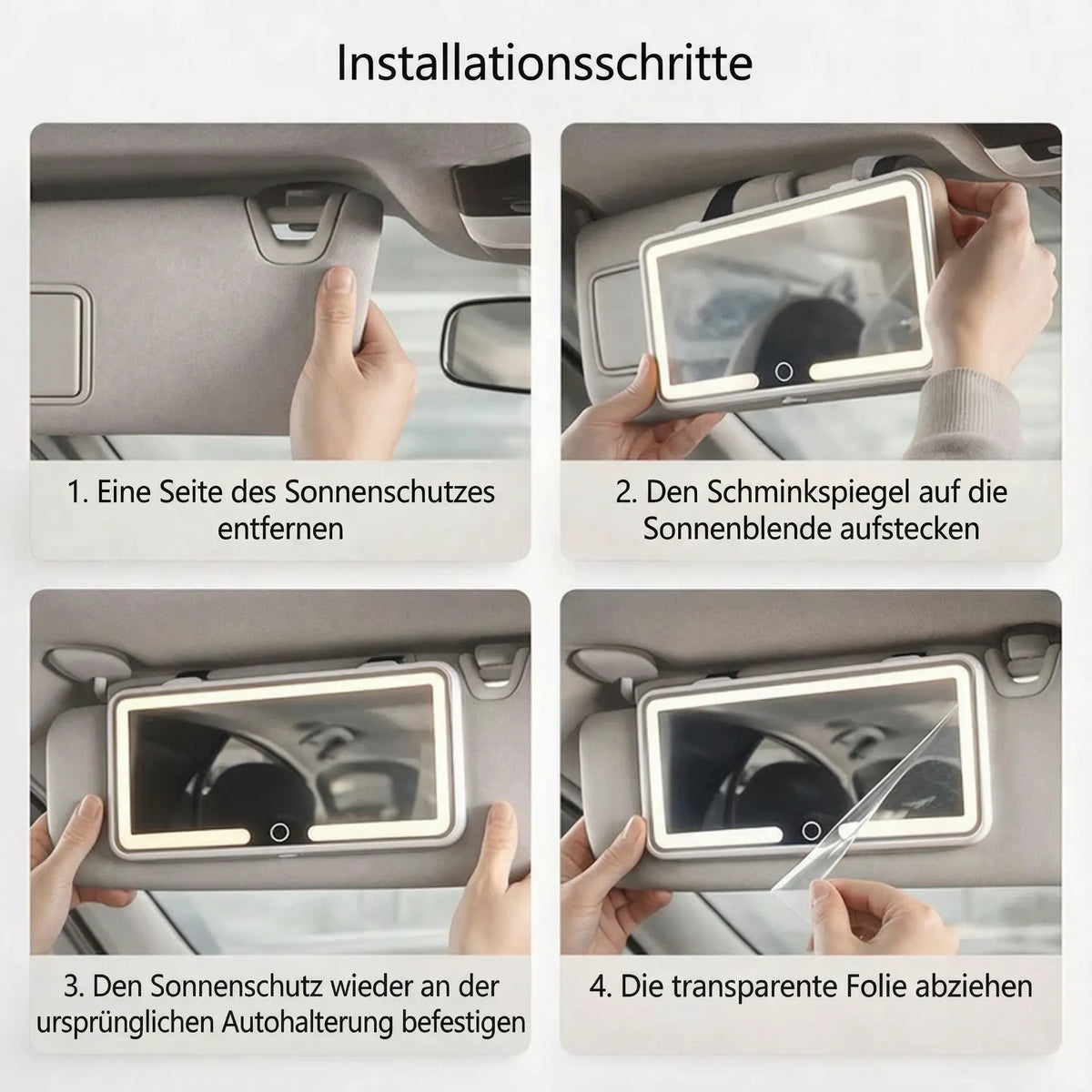 GlowVisor Autospiegel zum Schminken mit Licht — 3 Lichtfarben, klares Glas