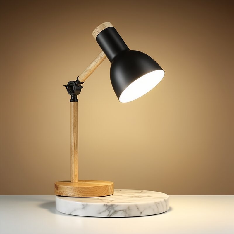מנורת שולחן מעץ של HolzLicht — ראש מתכוונן, עיצוב צבעוני ובסיס יציב