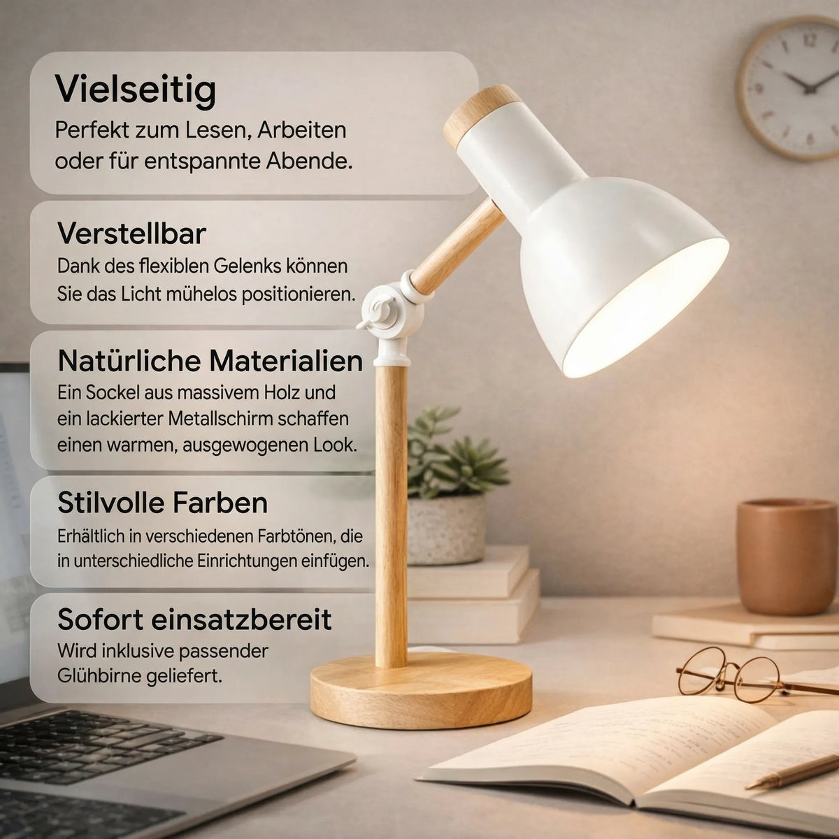מנורת שולחן מעץ של HolzLicht — ראש מתכוונן, עיצוב צבעוני ובסיס יציב