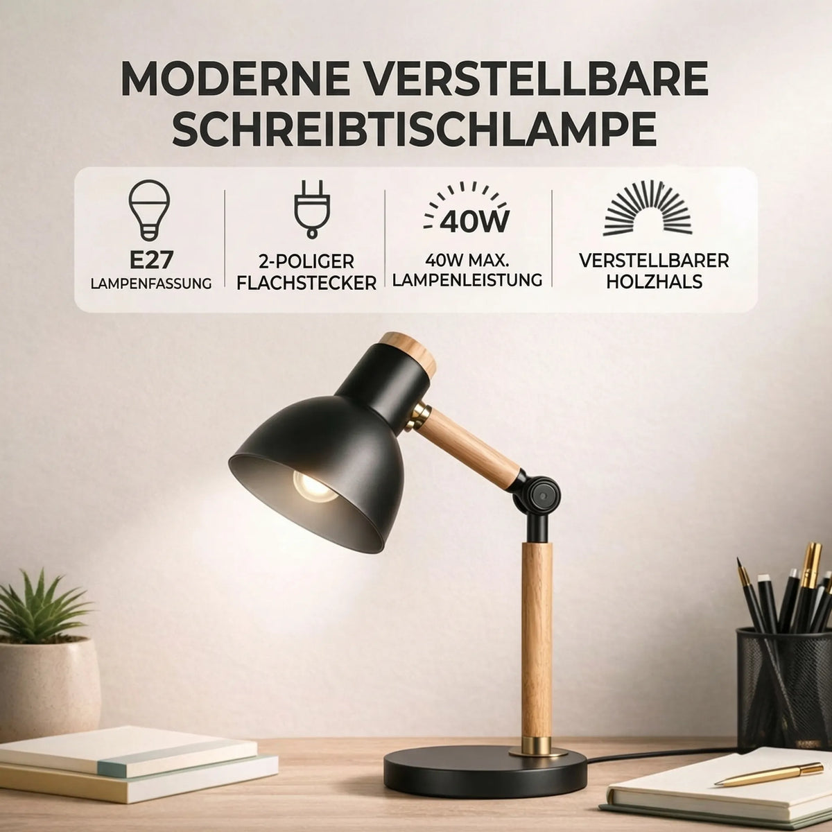 מנורת שולחן מעץ של HolzLicht — ראש מתכוונן, עיצוב צבעוני ובסיס יציב