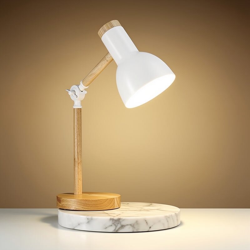 מנורת שולחן מעץ של HolzLicht — ראש מתכוונן, עיצוב צבעוני ובסיס יציב
