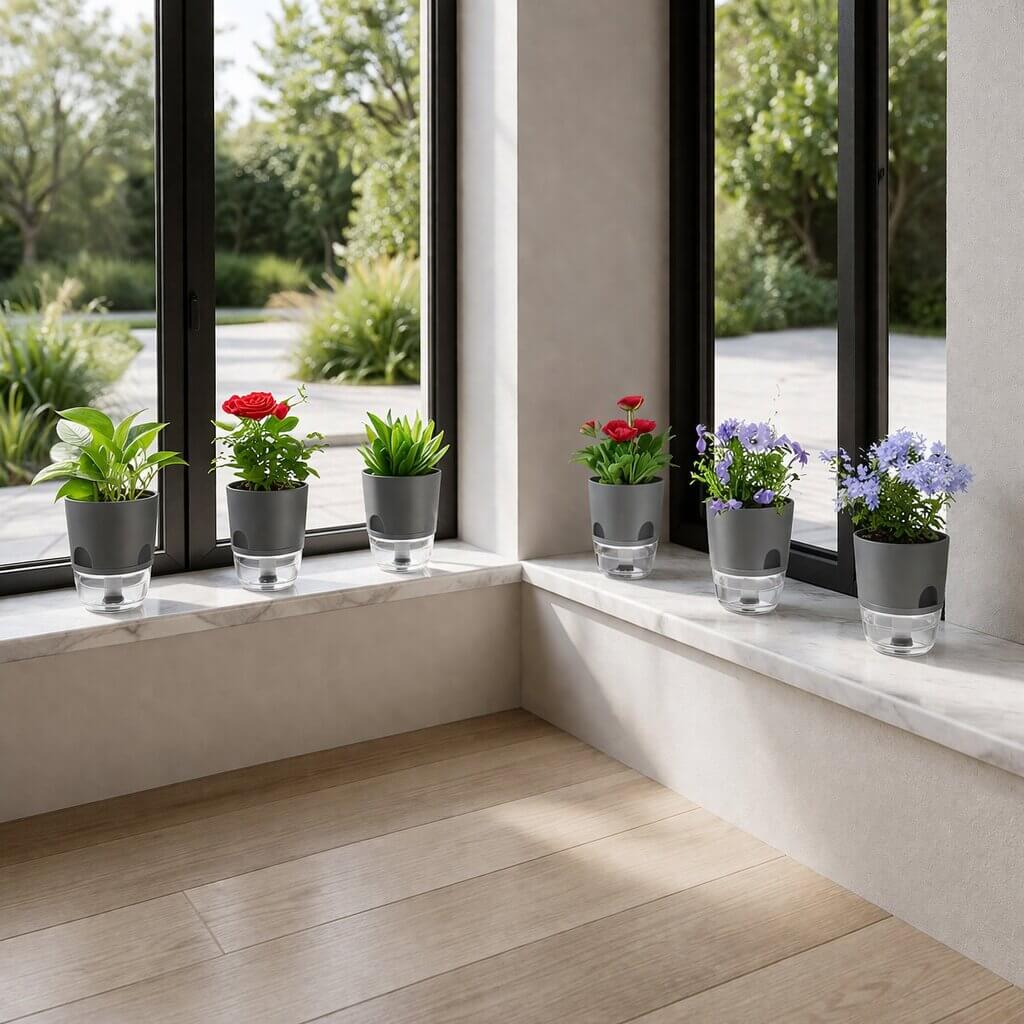 Vaso per fiori con irrigazione automatica Dochtara — Serbatoio d’acqua integrato, controllo uniforme dell’umidità
