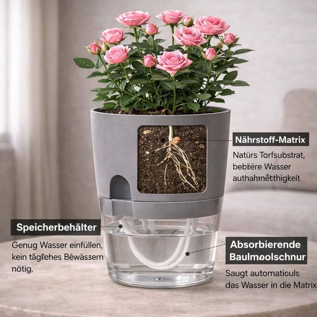 Vaso per fiori con irrigazione automatica Dochtara — Serbatoio d’acqua integrato, controllo uniforme dell’umidità