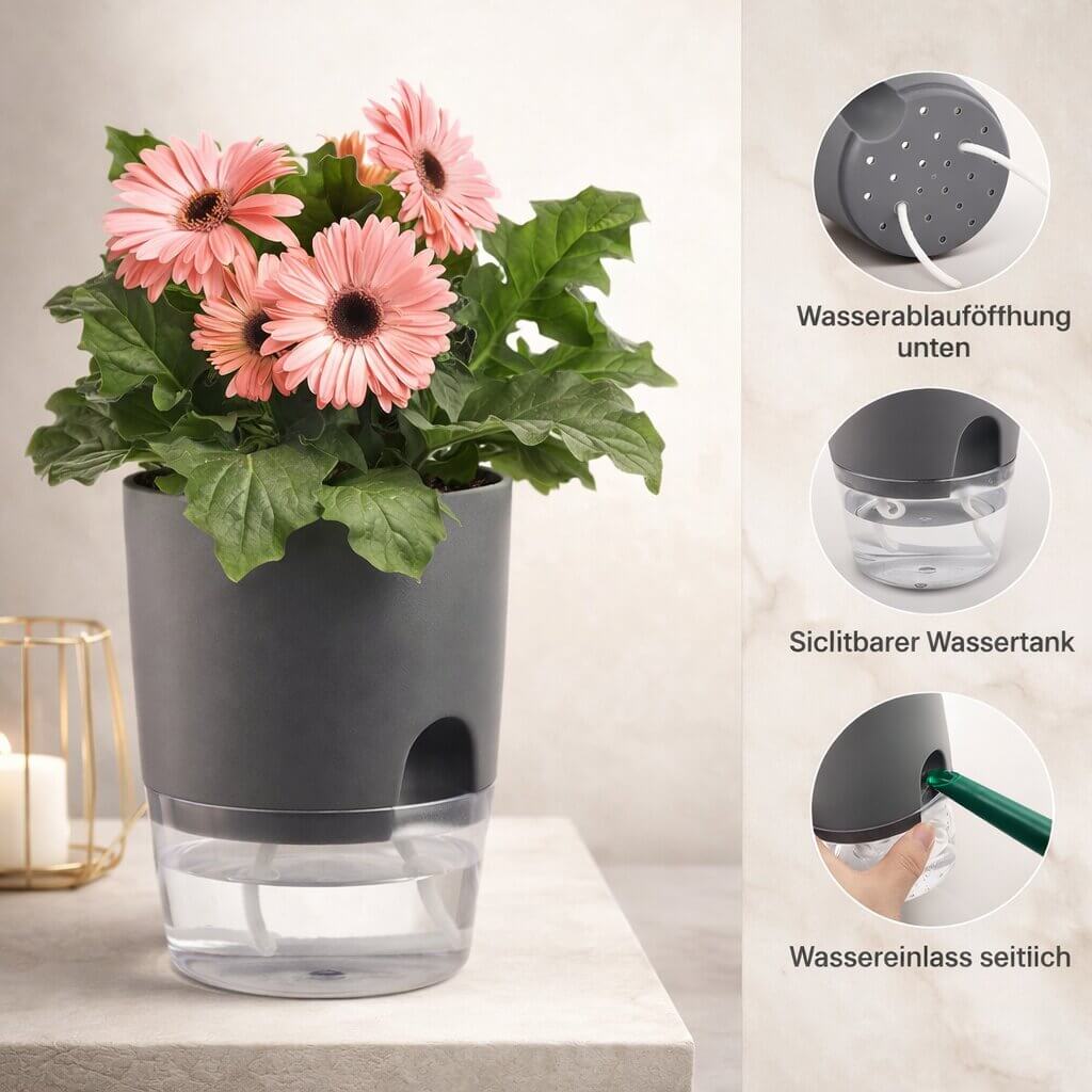 Vaso per fiori con irrigazione automatica Dochtara — Serbatoio d’acqua integrato, controllo uniforme dell’umidità