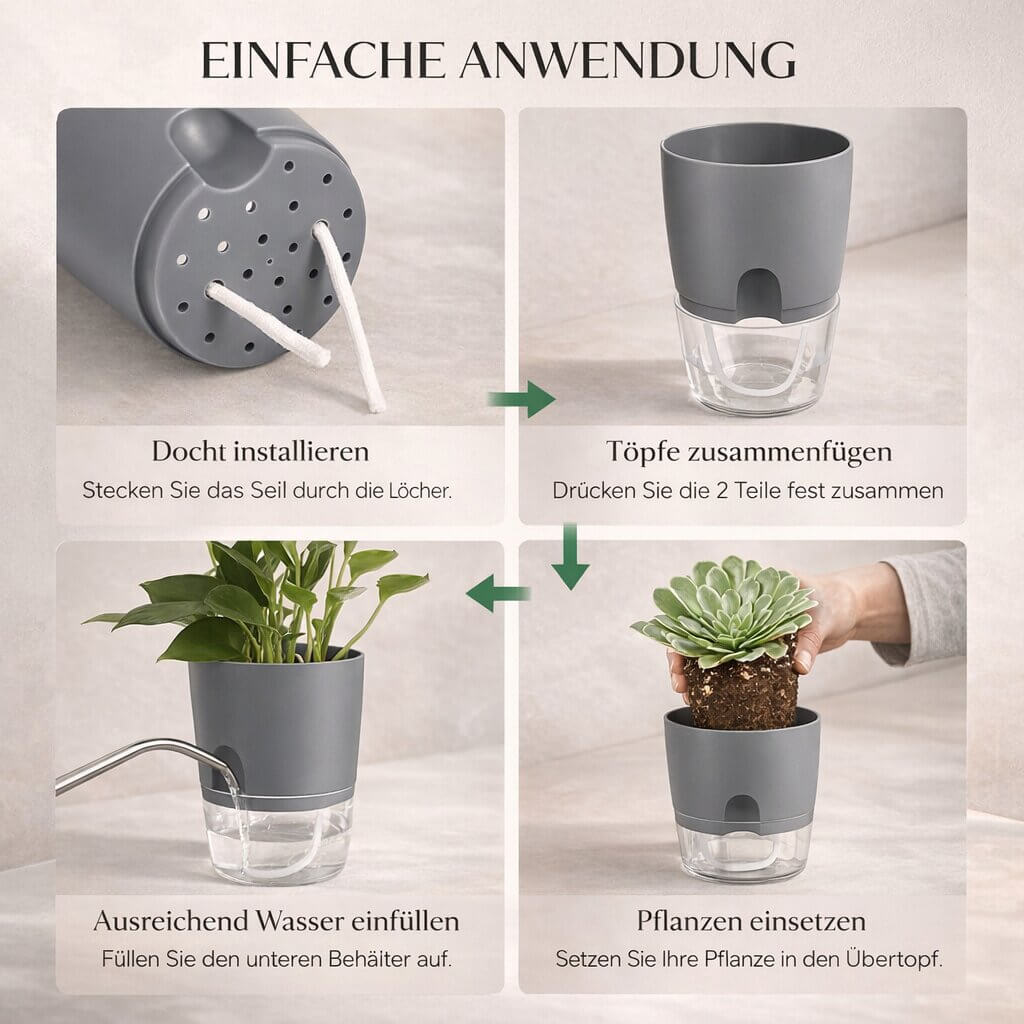 Vaso per fiori con irrigazione automatica Dochtara — Serbatoio d’acqua integrato, controllo uniforme dell’umidità