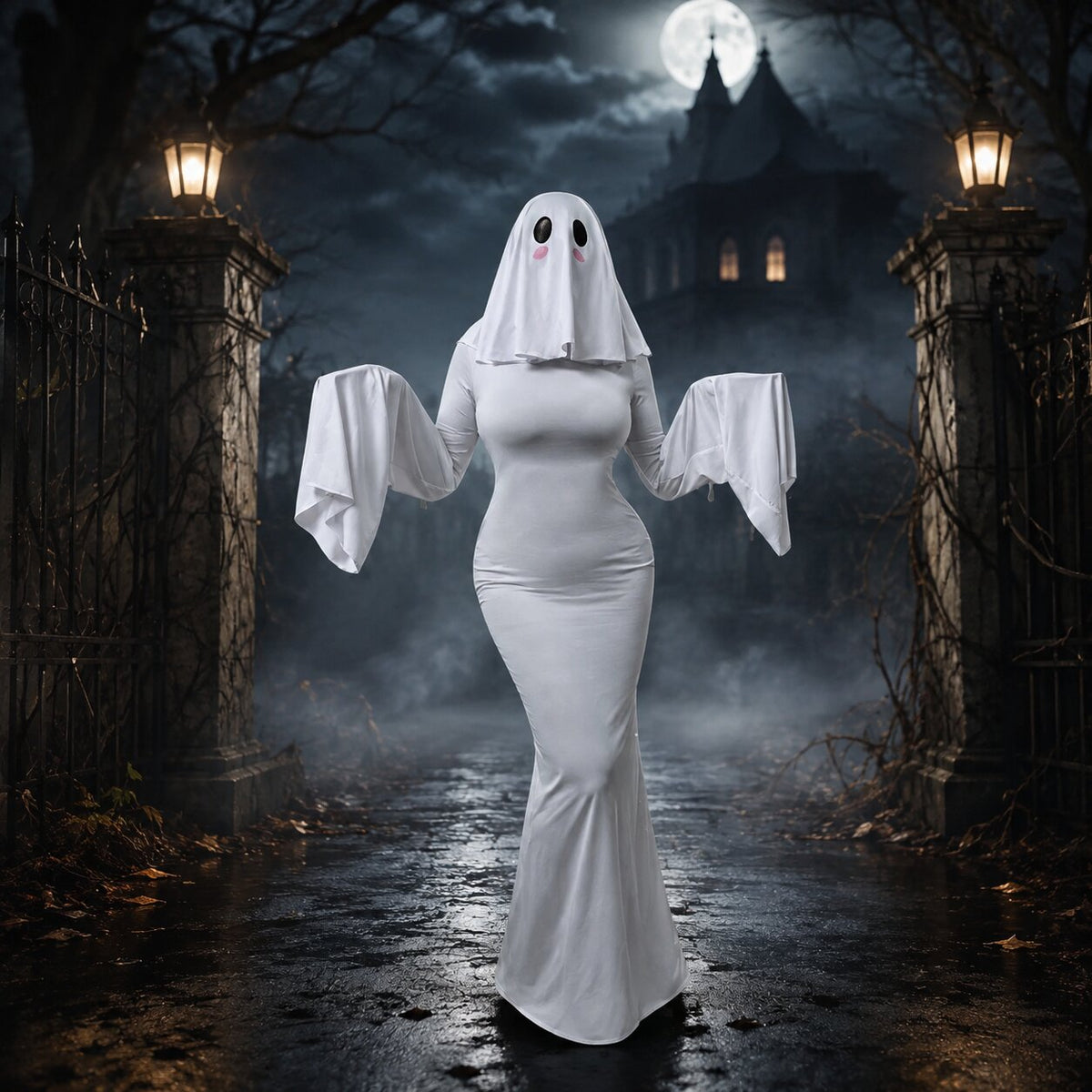 زيّ شبح مثير للهالوين — فستان ضيق يبرز القوام بقلنسوة كبيرة وفتحات داكنة للعينين