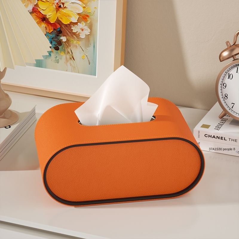 Leather Oval Tissue Box 22x13x10cm for Living Room Decor Orange Beige Grey