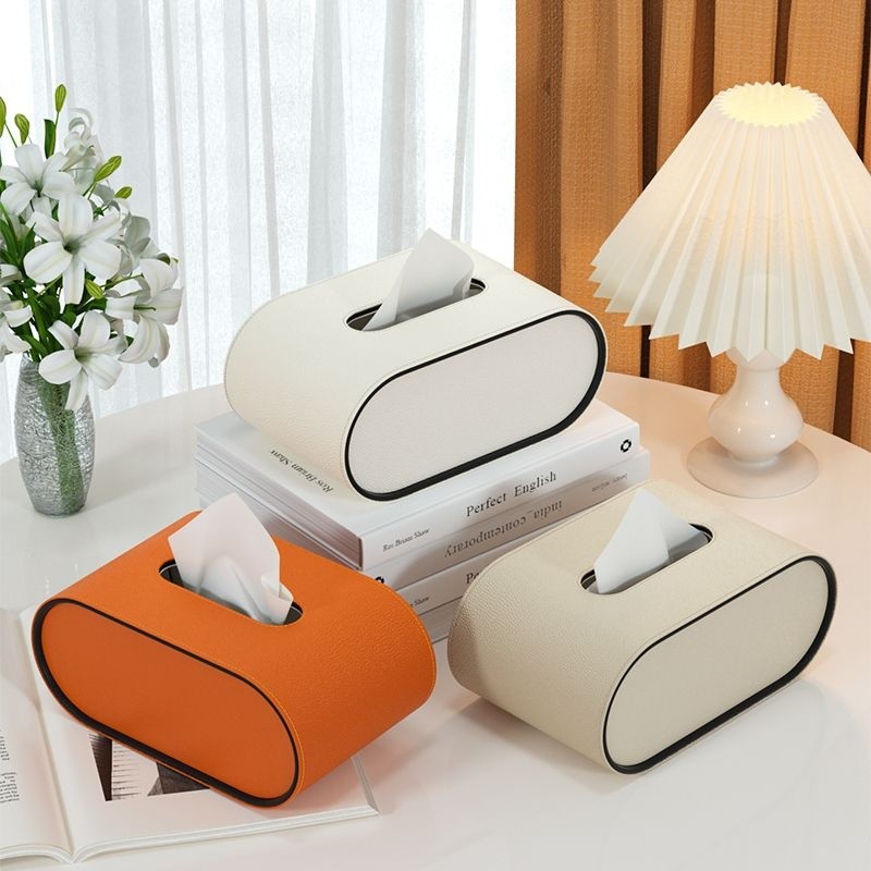 Orange Leather Oval Tissue Box, Desk And Living Room Tissue Holder, Luxury Modern Decor