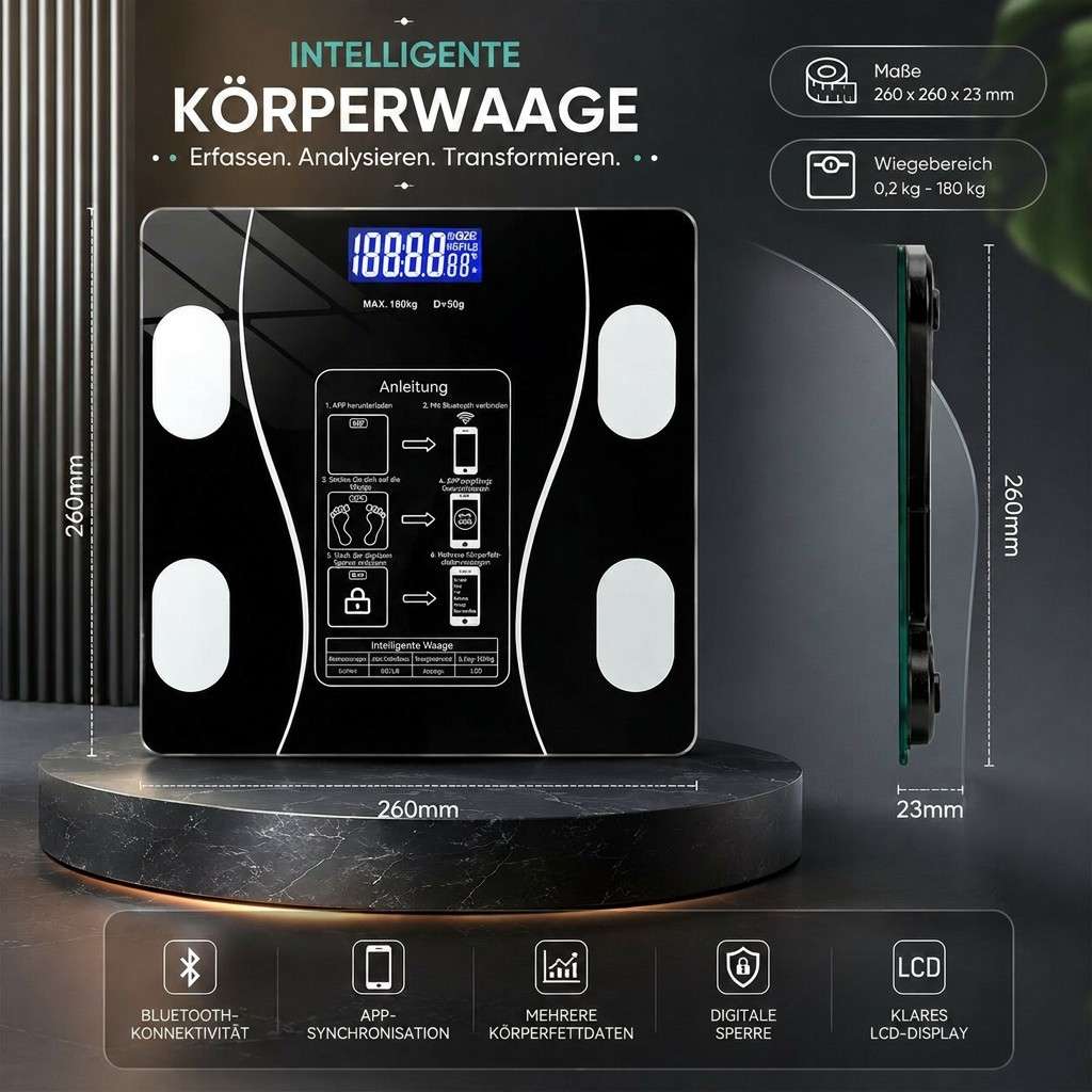KörperSynode Inteligentna waga Bluetooth do analizy składu ciała — pomiar masy ciała i tkanki tłuszczowej