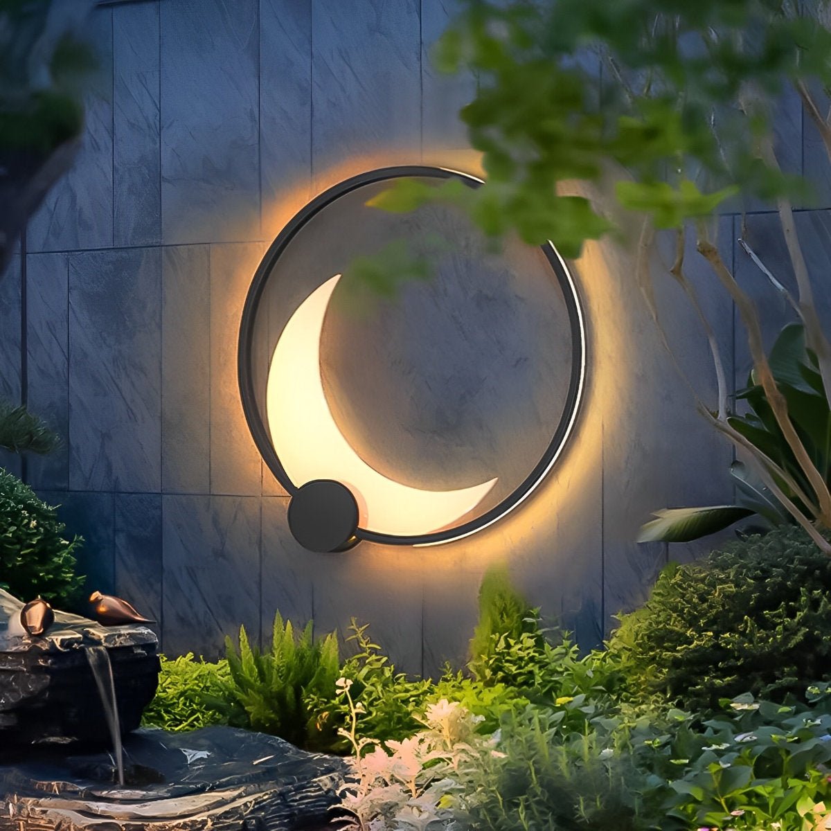 Solar Crescent Moon Outdoor Wall Light In Black Stainless Steel IP65 Garden Lamp