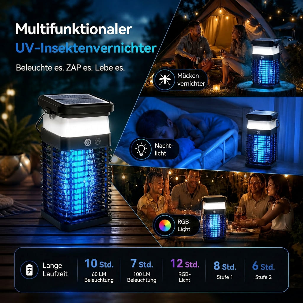 Solární lampa proti komárům Nachtfanal — noční maják a hubič hmyzu