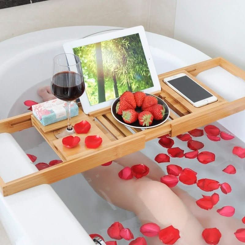 Solavera Bamboo Relax Tray | Extendable Bathtub Tray | Sustainable & Elegant | With Glass & Book Holder for Spa Enjoyment at Home | Ka-mostore