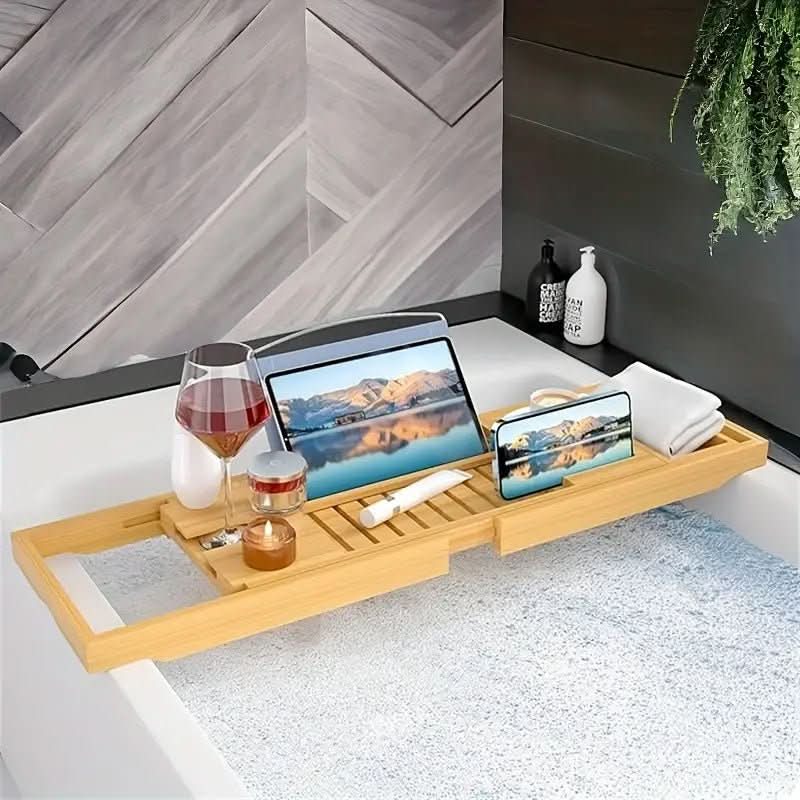 Solavera Bamboo Relax Tray | Extendable Bathtub Tray | Sustainable & Elegant | With Glass & Book Holder for Spa Enjoyment at Home | Ka-mostore
