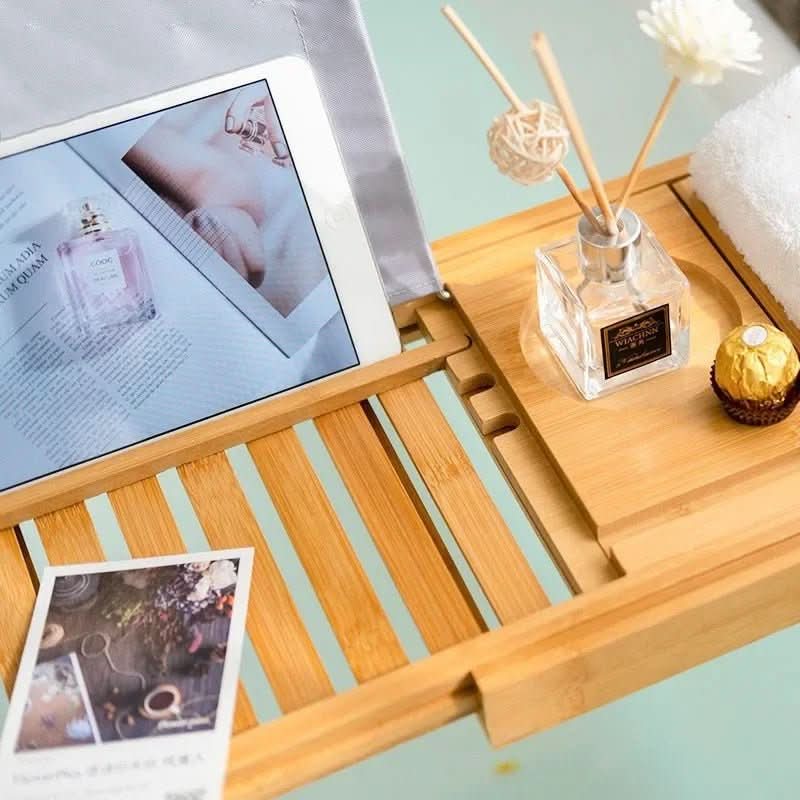 Solavera Bamboo Relax Tray | Extendable Bathtub Tray | Sustainable & Elegant | With Glass & Book Holder for Spa Enjoyment at Home | Ka-mostore