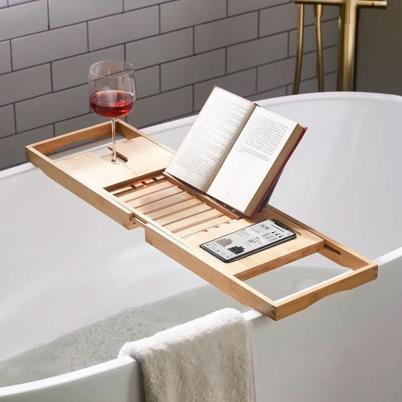 Solavera Bamboo Relax Tray | Extendable Bathtub Tray | Sustainable & Elegant | With Glass & Book Holder for Spa Enjoyment at Home | Ka-mostore