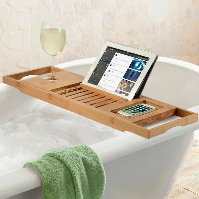 Solavera Bamboo Relax Tray | Extendable Bathtub Tray | Sustainable & Elegant | With Glass & Book Holder for Spa Enjoyment at Home | Ka-mostore