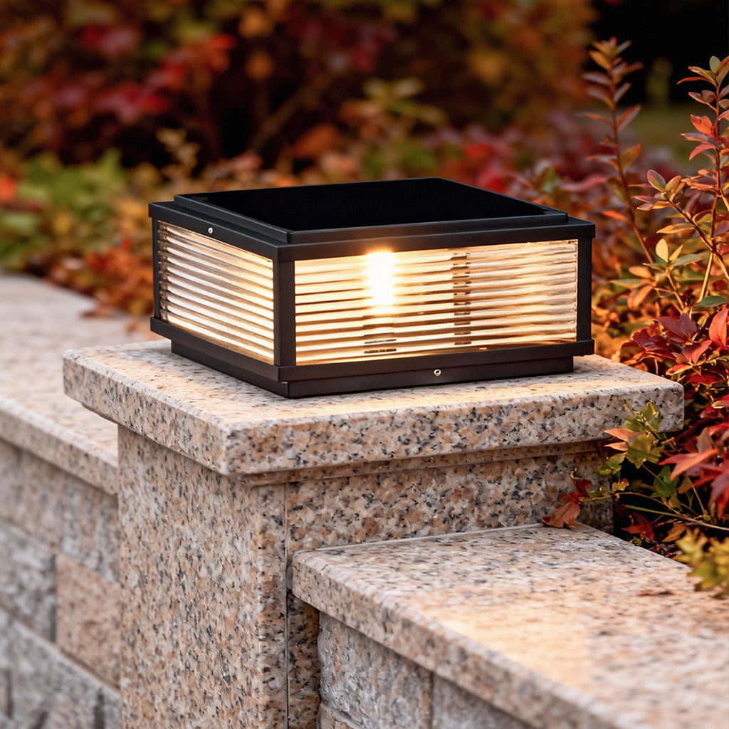 Square Outdoor Pedestal Light With Ribbed Glass And Aluminum Housing