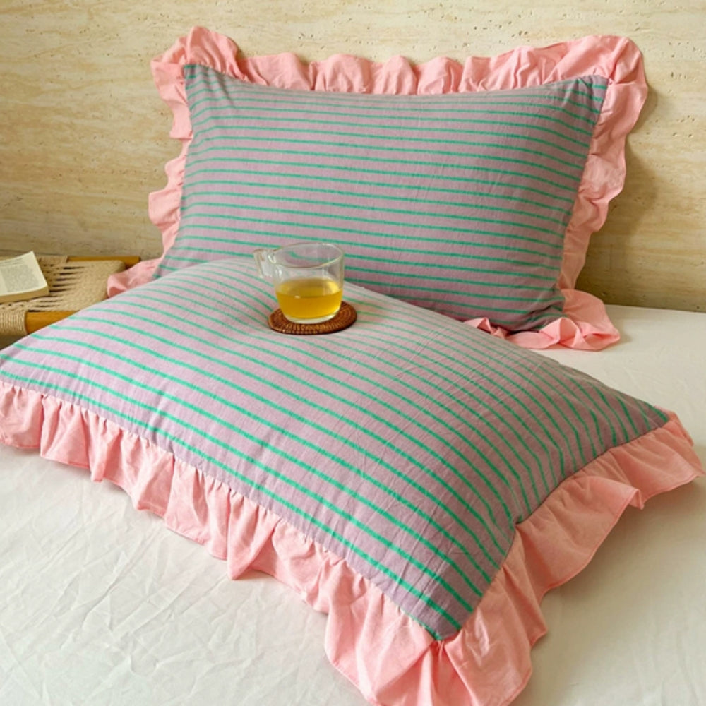 Striped Ruffled Lace Pillowcases in Multiple Colors | Ka-mostore