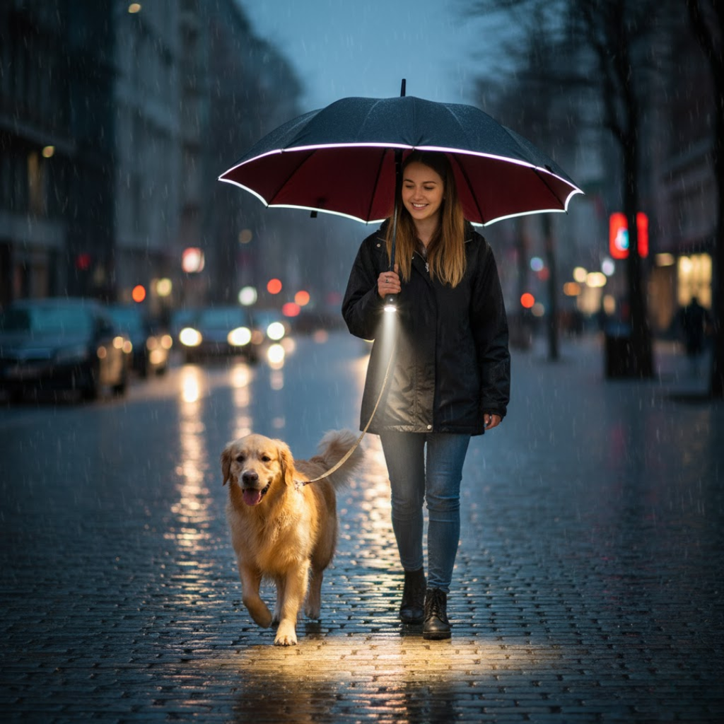 Umbrelă automată antivânt LumBrella — lumină LED integrată
