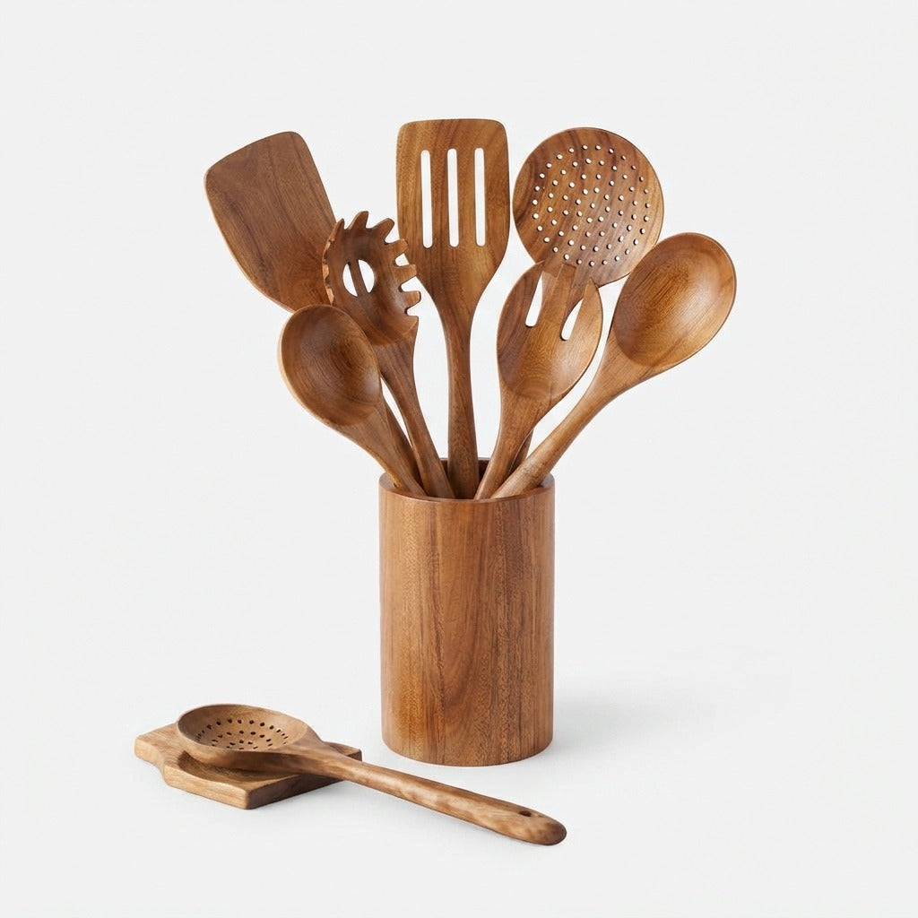 Set de 9 ustensiles de cuisine en teck massif — Outils anti-rayures avec support et plateau