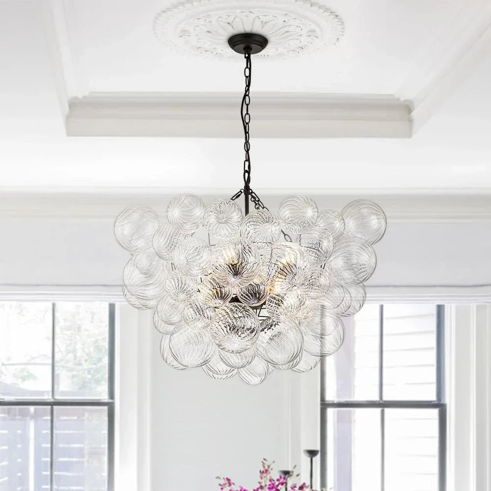 Clear Glass Bubble Chandelier With Ribbed Glass Detailing For Elegant Modern Interior Lighting