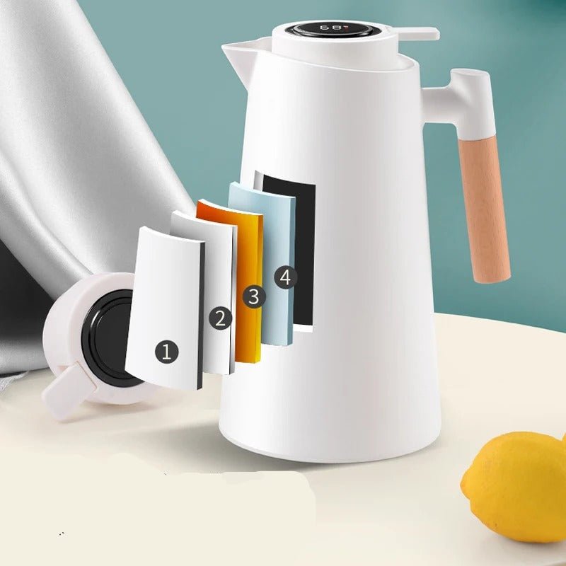 Leakproof 1 Liter Thermos Jug With Temperature Display And Wooden Handle