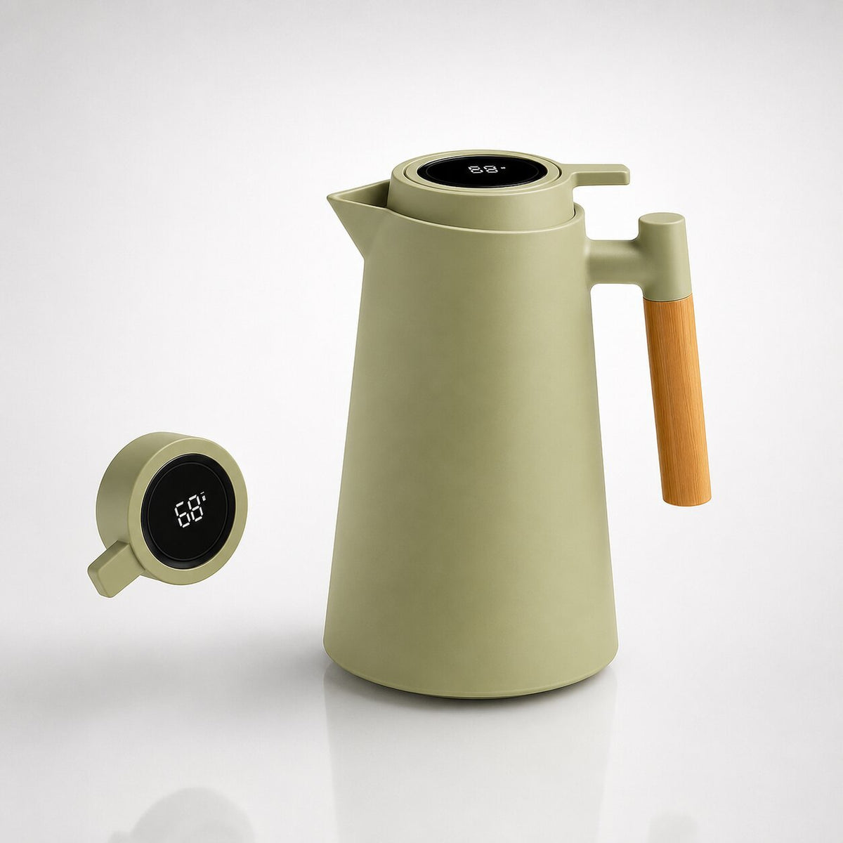בקבוק תרמוס של Heatina עם תצוגת טמפרטורה דיגיטלית וידית עץ