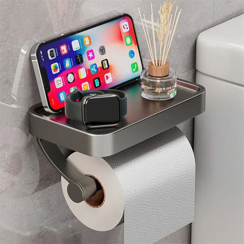 Porte-papier toilette en acier inoxydable Rollix avec étagère de rangement pour téléphone et accessoires de salle de bains