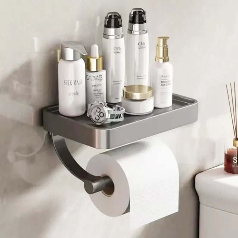 Porte-papier toilette en acier inoxydable Rollix avec étagère de rangement pour téléphone et accessoires de salle de bains