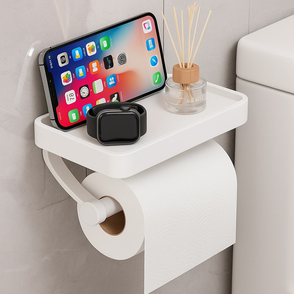 Porte-papier toilette en acier inoxydable Rollix avec étagère de rangement pour téléphone et accessoires de salle de bains