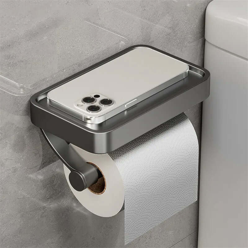 Porte-papier toilette en acier inoxydable Rollix avec étagère de rangement pour téléphone et accessoires de salle de bains