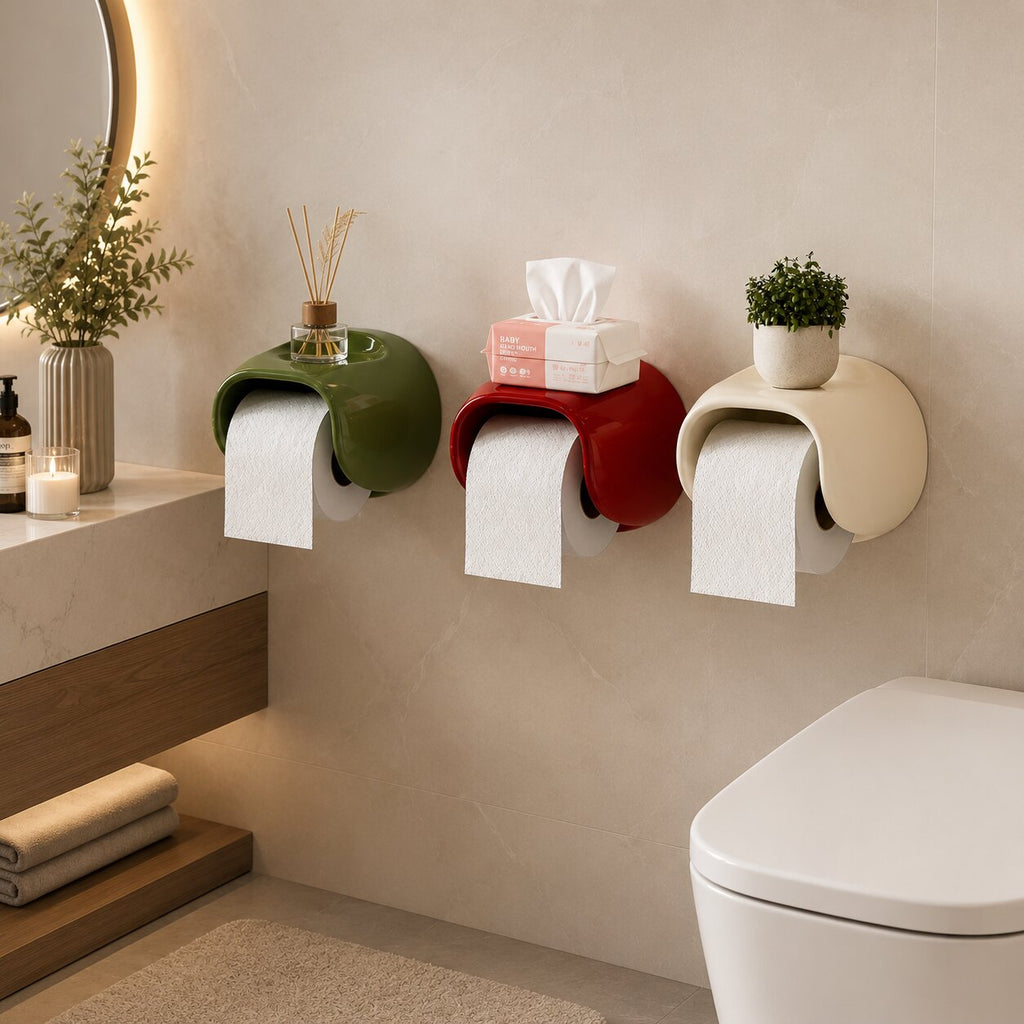 Glanzbogen Toilettenpapierhalter zur Wandmontage — Montage ohne Bohren, offene Unterseite, integrierte Ablage